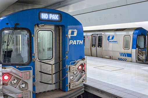 Brooklyn, NY - March 3, 2024: Path train car stopped on the track at world trade center station in Manhattan, New York City.