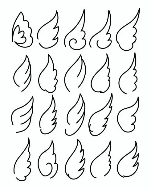 Vector illustration of Set of hand drawn sketches, wings. Vector illustration in line art style for design, website and print elements