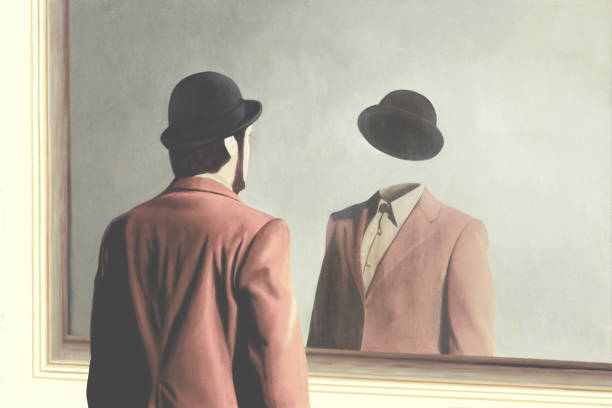 istock Illustration of man in front of mirror reflecting himself without face, identity absence surreal concept 2076276464