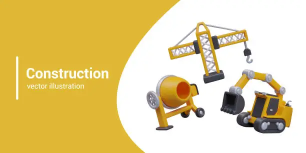 Vector illustration of Set of 3D vector construction equipment in cartoon style. Empty concrete mixer, crane, excavator
