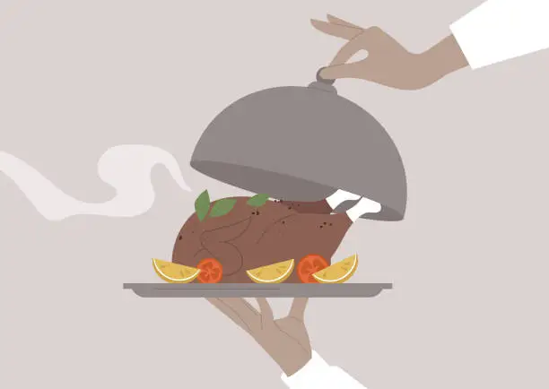 Vector illustration of Aromatic Roast Chicken Delight Unveiled by Chef at Elegant Dinner, a waiter presenting a freshly roasted bird meat garnished with herbs and citrus