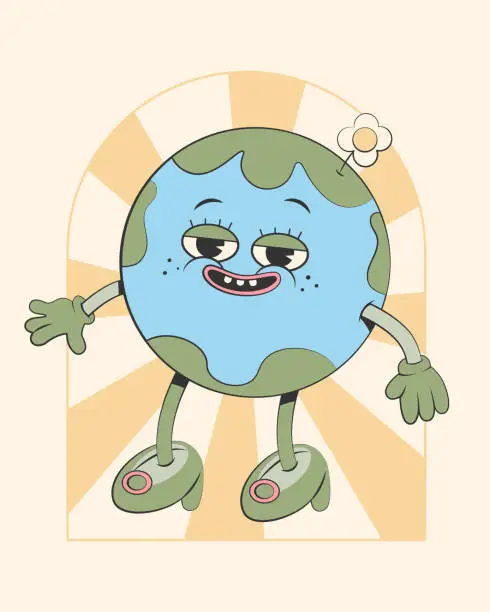 Vector illustration of Happy cute Earth planet girl character.Simple retro cartoon mascot for poster, banner, graphic print.Y2k groovy earth day, Save green planet and ecology concept. Vector illustration EPS 10