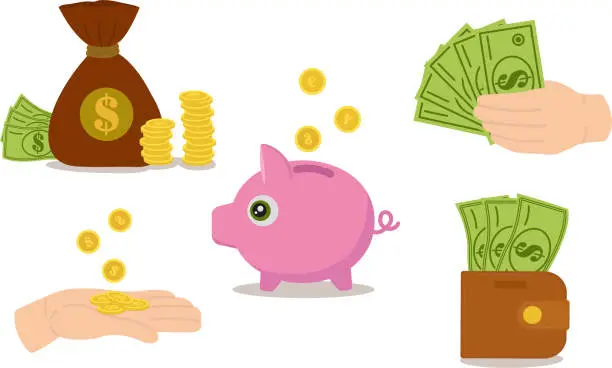 Vector illustration of A set of vector illustrations, coins, bills, a purse with dollar bills, a hand with money, a piggy bank and a bag of money, cash savings. Business illustration.