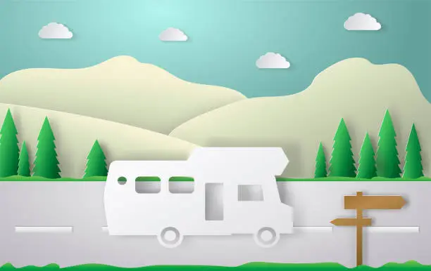 Vector illustration of Summer camping paper cut style. Concept with car, road, track. Vector illustration