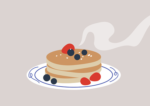 Aromatic Morning Delight, Fresh Pancakes With Berries on a Plate, A stack of warm, fluffy cakes topped with fresh blueberries and raspberries invokes a cozy breakfast ambiance