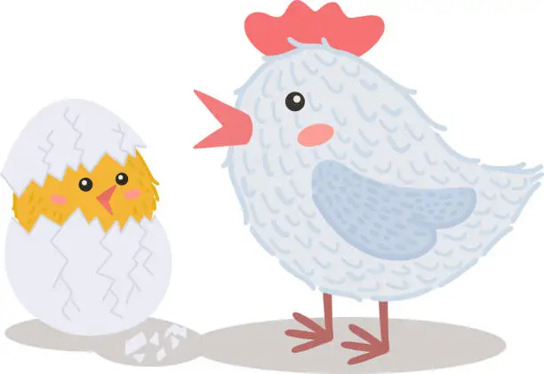 Vector illustration of Vector illustration of a chicken with a chicken hatched from an egg. A vivid illustration of Easter. An illustration for Mother's Day. A retro-style picture for a happy Easter. Stock illustration