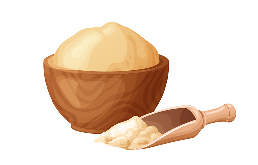 Fresh raw dough for bakind. Homemade tasty bread. Cartoon of wooden kitchen rolling pin. Vector illustration for menu, cafe, restaurant.