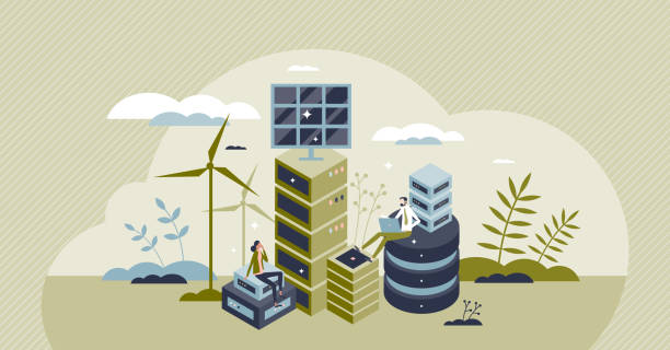 Green data center with eco friendly electricity usage tiny person concept Green data center with eco friendly electricity usage tiny person concept. Database server technology for file storage hosting with ecological and carbon neutral power source vector illustration. cpu usage stock illustrations