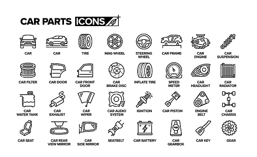 Car Parts Line Icon Set. Garage, Maintenance, Auto Mechanic.