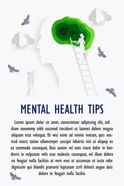 Vector illustration of Mental health poster in paper style. Business concept. Vector illustration