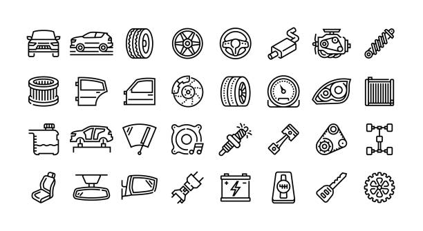 ilustraciones, imágenes clip art, dibujos animados e iconos de stock de car parts line icon set. garage, maintenance, auto mechanic. - cambio de aceite