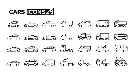 Cars Line Icon Set. Auto, Car, Mini Van, Truck, Tractor, 4x4, Sedan.