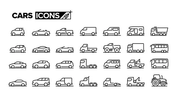 Vector illustration of Cars Line Icon Set. Auto, Car, Mini Van, Truck, Tractor, 4x4, Sedan.