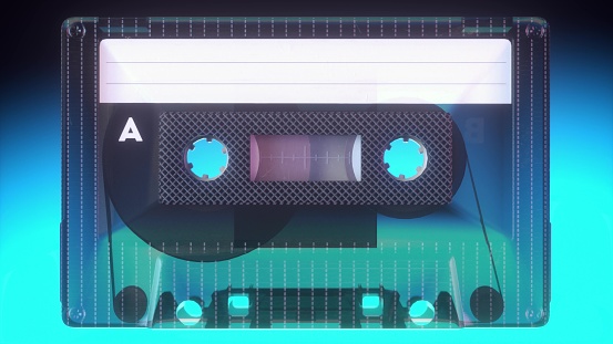 Radio tape recorder, audio cassette. Tape on an old vintage cassette. Retro music concept. 3d illustration.