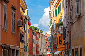beautiful colorful houses in Rovinj old town sunny summertime
