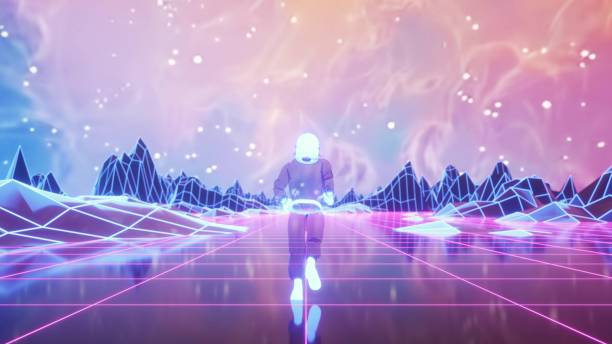 istock Astronaut runs surrounded by flashing neon lights. Retro 80s style synthwave background. 3d illustration 2076340908