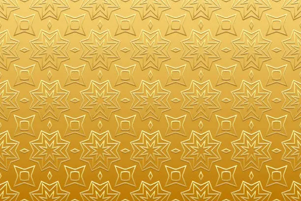 Vector illustration of Embossed gold background, cover design. Handmade. Geometric artistic gold 3D pattern. Ornaments, arabesques, boho style. Exotic of the East, Asia, India, Mexico, Aztec. Ideas for design and decor.