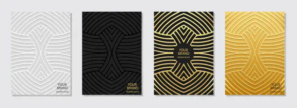 Vector illustration of Set of covers, original vertical templates. Collection of embossed, geometric backgrounds with ethnic linear gold 3D pattern. Exotic of the East, Asia, India, Mexico, Aztec in handmade style.