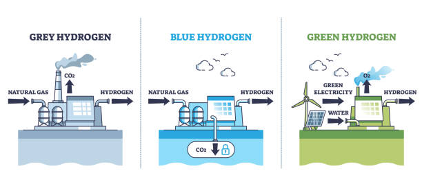 Grey vs blue or green hydrogen energy principles comparison outline diagram Grey vs blue or green hydrogen energy principles comparison outline diagram. Labeled educational scheme with natural gas conversion to H2 power or green electricity production vector illustration. hydrogen stock illustrations