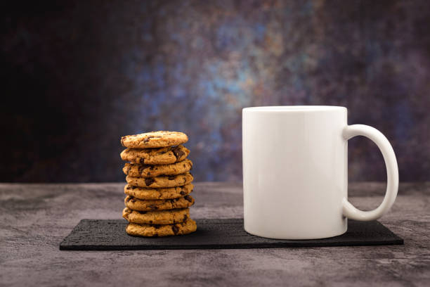 Chocolate chip cookies on a white table.