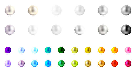 Pearl icons set. Collection of white pearl beads and colorful pearls on transparent background. Jewelry gem stone symbols set.