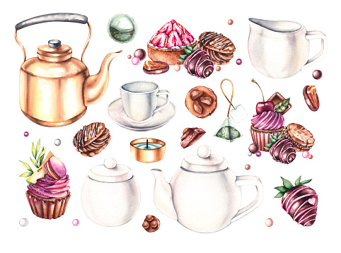 Watercolor white tea set, tea bags, sugar, sweets, chocolate, desserts, cupcakes, strawberry tartlet, chocolate covered strawberries isolated on white
