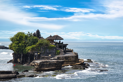 The ancient hindu temple of Tanah Lot, one of the seven sea temples of the island of Bali, Indonesia.
