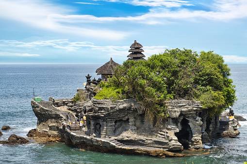 The ancient hindu temple of Tanah Lot, one of the seven sea temples of the island of Bali, Indonesia.
