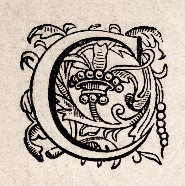 ilustrações, clipart, desenhos animados e ícones de letra c como capital inicial medieval do século xvi - woodcut letterpress engraving pattern