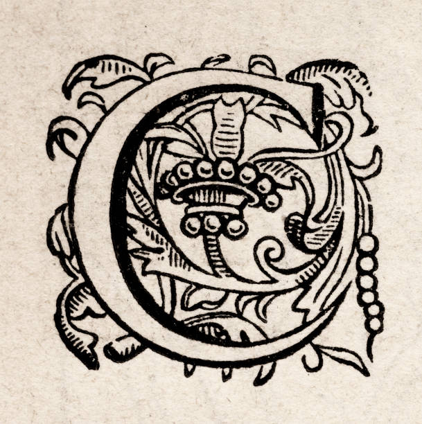 буква с как средневековая прописная буква xvi века - ornate text medieval illuminated letter engraved image stock illustrations