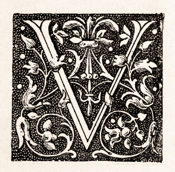 ilustrações, clipart, desenhos animados e ícones de carta v como capital inicial medieval do século xvi - woodcut letterpress engraving pattern