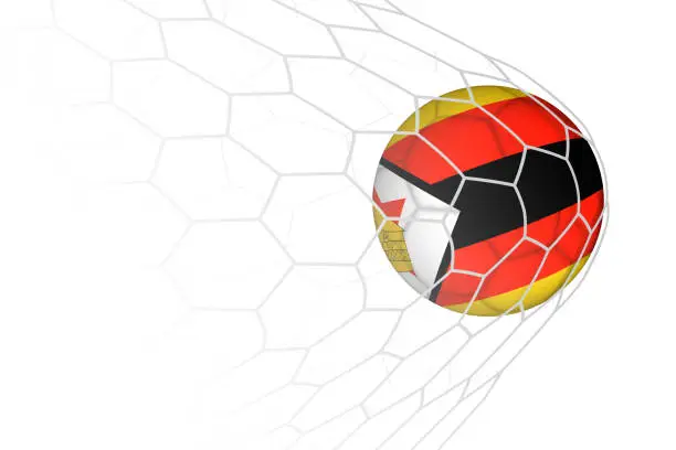 Vector illustration of Zimbabwe flag soccer ball in net.