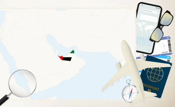 Vector illustration of United Arab Emirates map and flag, cargo plane on the detailed map of United Arab Emirates with flag.