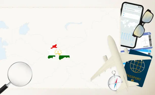 Vector illustration of Tajikistan map and flag, cargo plane on the detailed map of Tajikistan with flag.