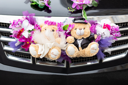 Cute couple teddy bear in dress suit decorated on wedding car