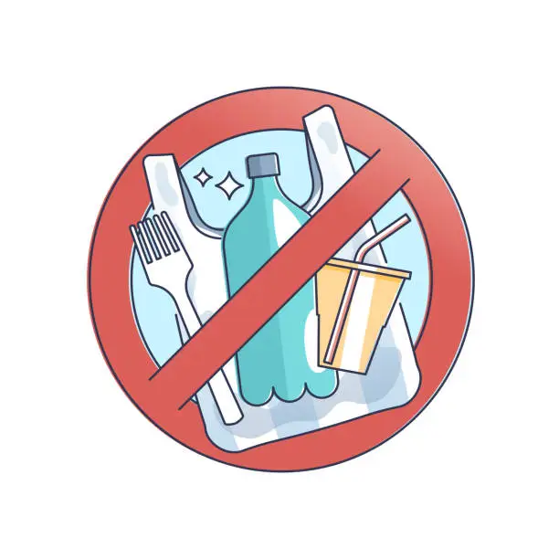 Vector illustration of Say no to plastic bags, bottles and cutlery to stop waste outline concept
