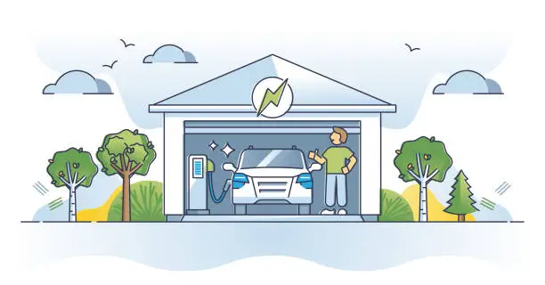 Vector illustration of Charging EV or electric vehicle with home garage electricity outline concept