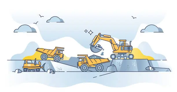 Vector illustration of Mineral resources extraction with land digging and drilling outline concept