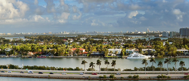 Miami, Florida, USA - 27 January 2024: Panoramic view of luxury homes on the Miami waterfront