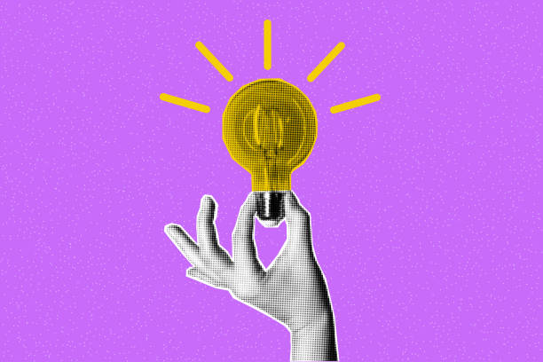 Hand holding a glowing light bulb Halftone collage retro banner, paper cut out magazine elements. Hand holding a glowing light bulb on a textured purple background. Answer, idea, problem solving or business solution concept. weird spot stock illustrations