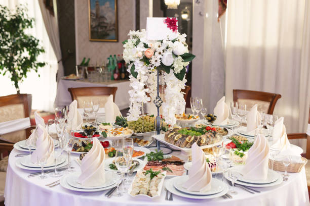 istock Served wedding banquet table with dishes in the restaurant 2076427113