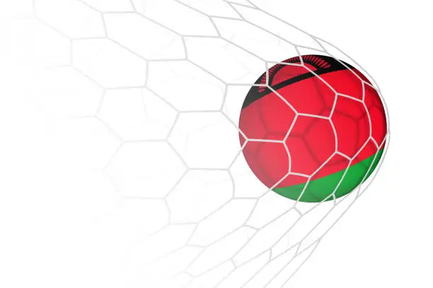 Vector illustration of Malawi flag soccer ball in net.