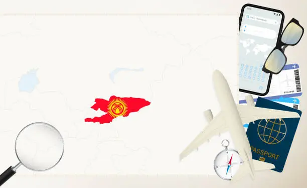Vector illustration of Kyrgyzstan map and flag, cargo plane on the detailed map of Kyrgyzstan with flag.