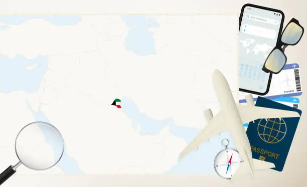 Vector illustration of Kuwait map and flag, cargo plane on the detailed map of Kuwait with flag.