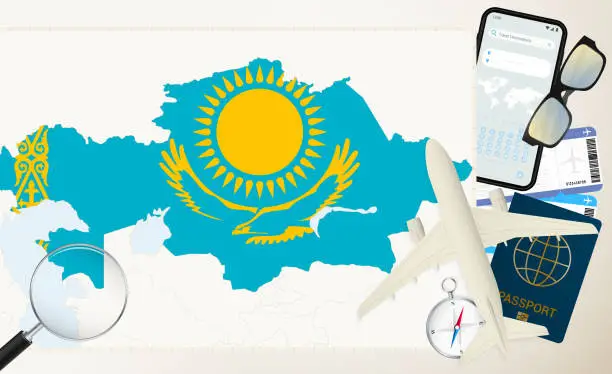 Vector illustration of Kazakhstan map and flag, cargo plane on the detailed map of Kazakhstan with flag.