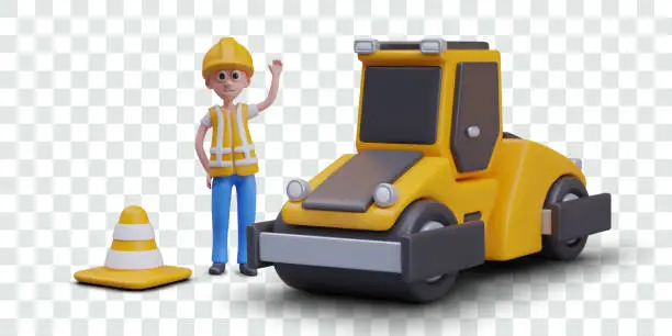 Vector illustration of Builder is standing next to road roller. Man in protective helmet and vest waves
