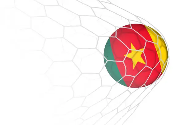 Vector illustration of Cameroon flag soccer ball in net.
