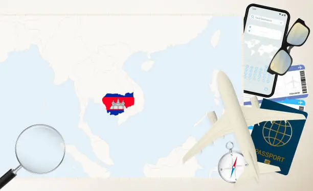 Vector illustration of Cambodia map and flag, cargo plane on the detailed map of Cambodia with flag.