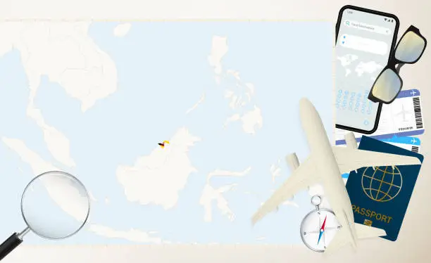Vector illustration of Brunei map and flag, cargo plane on the detailed map of Brunei with flag.
