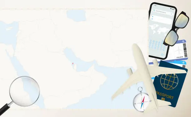 Vector illustration of Bahrain map and flag, cargo plane on the detailed map of Bahrain with flag.